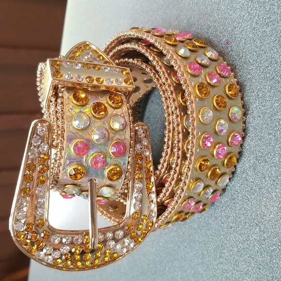 Unisex Pink Rhinestone Diamond Crystal Studded Pin Buckle Belt